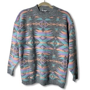 Alicia - Women’s Vintage 90s Southwest Aztec Knit Sweater Gray Pastel - Sz. L